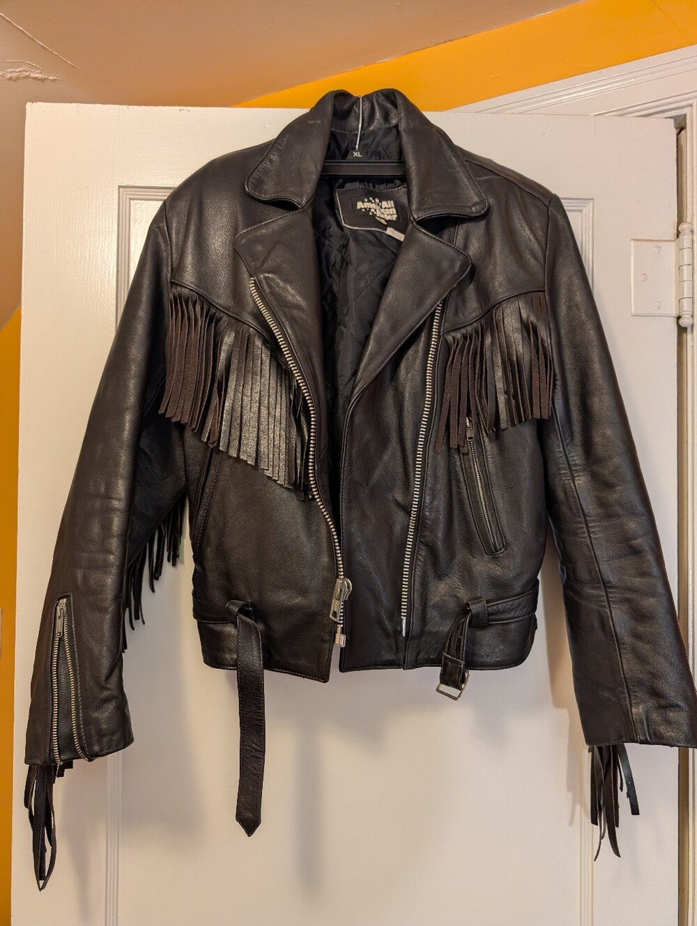 Vintage All American Rider Leather Fringe Motorcycle Jacket Black Western Biker